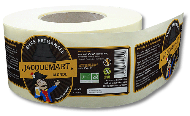 Étiquettes autocollantes pour la bière Jaquemart imprimées par l'imprimerie souquet à Romans-sur-Isère